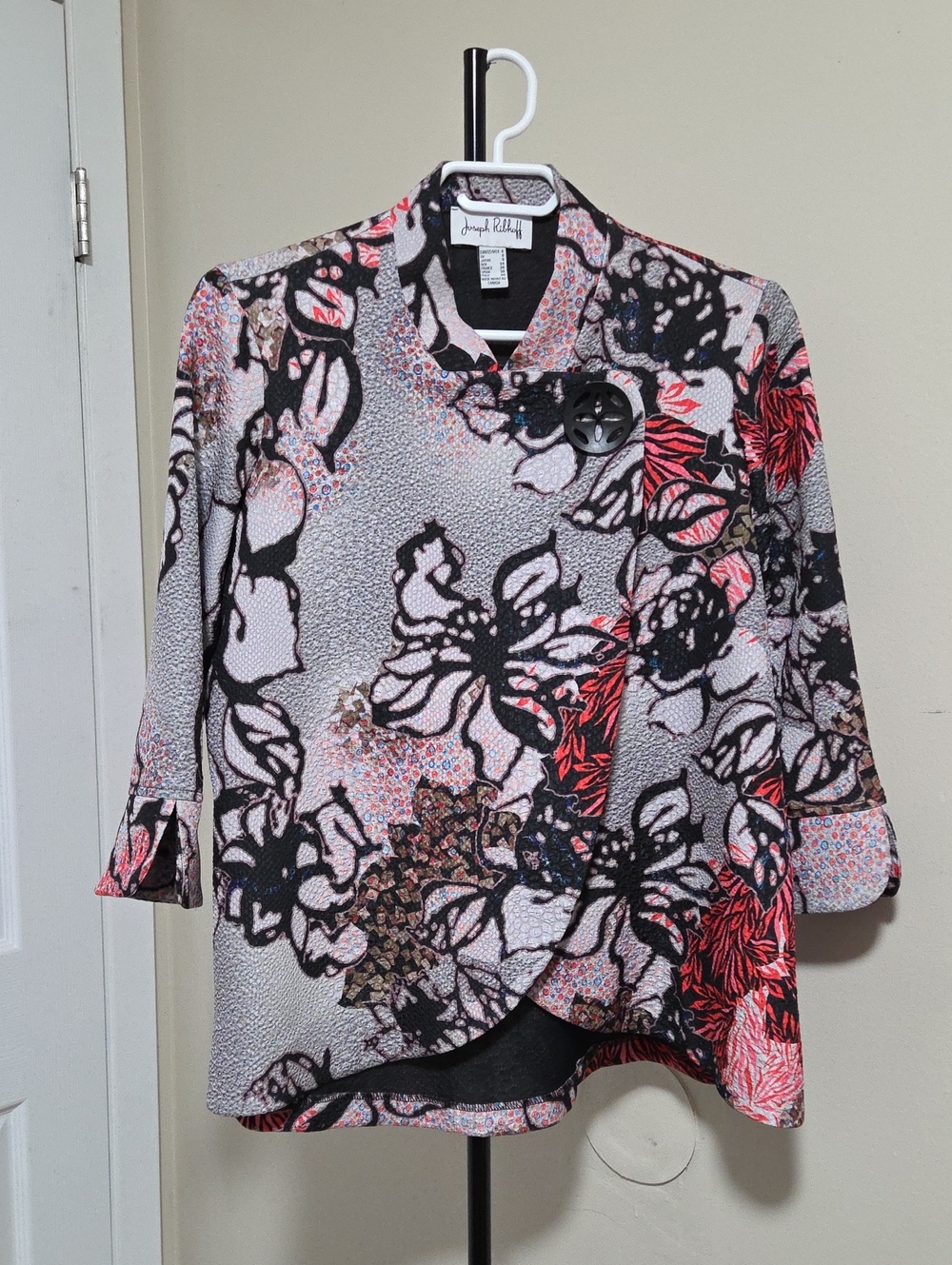 Joseph Ribkoff Black, Pink & Cream Floral Asymmetric Button-Front Top